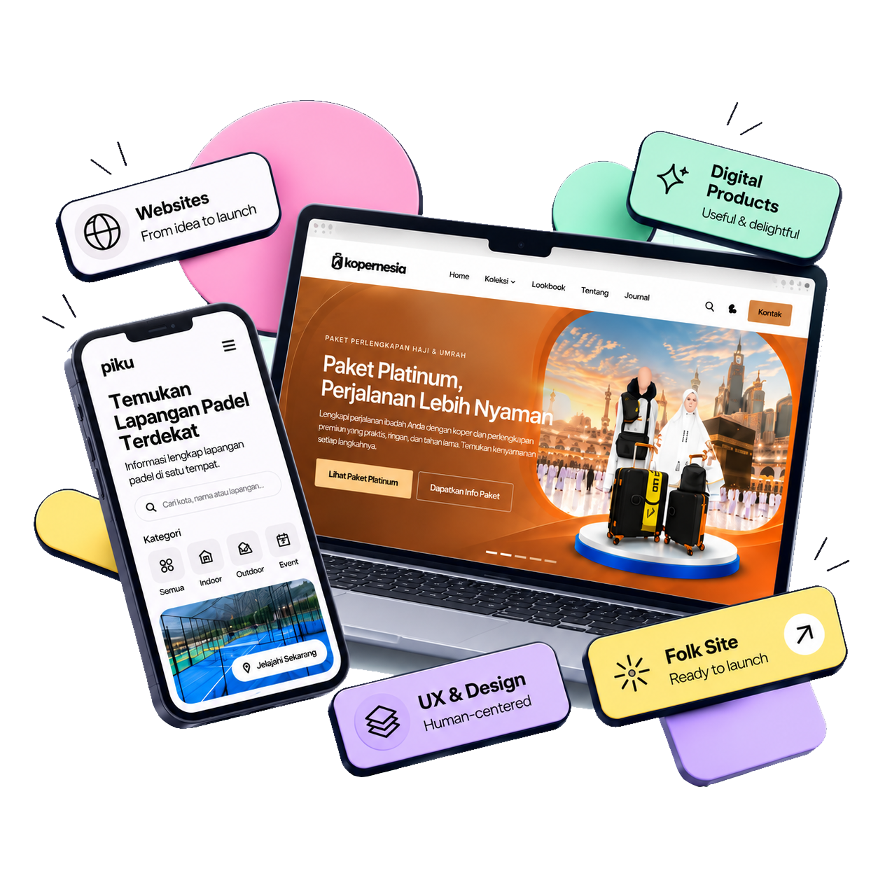 Folkstudio work: the Kopernesia website on a laptop and the Piku app on a phone, with Websites, Digital Products, UX & Design and Folk Site labels